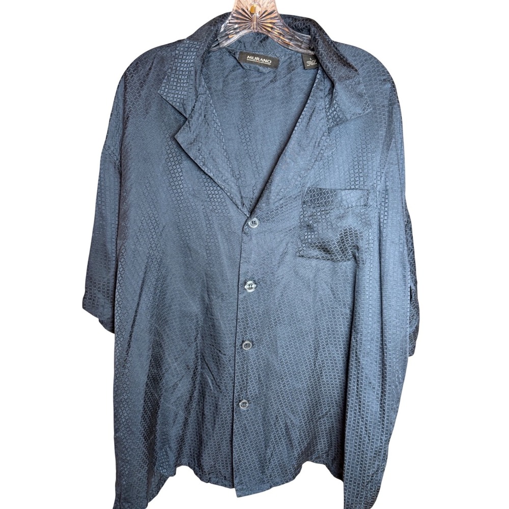 Murano Button Down Shirt Mens Large Navy Blue 100% Silk Texturedโ Camp Shirt